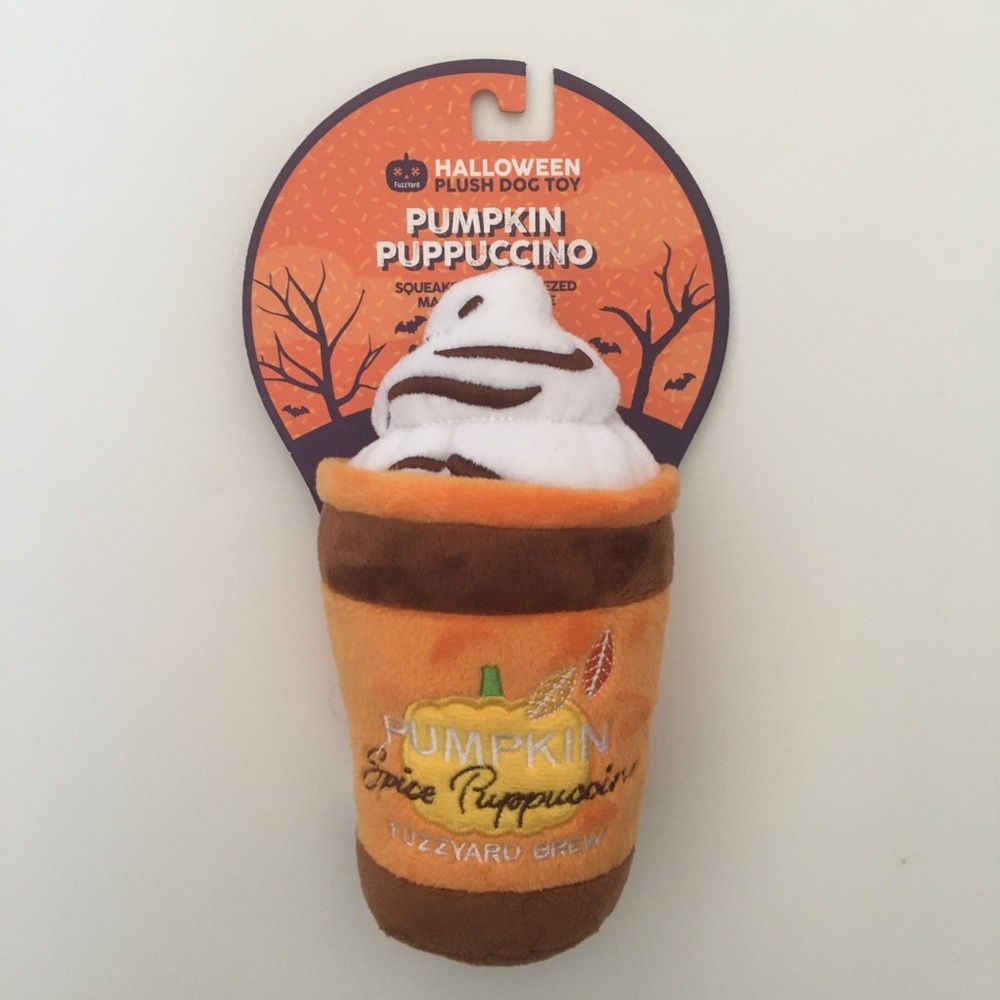 Dog Toy Plush with Squeaker āPuppuccinoā Pumpkin Spice Halloween NEW | FuzzYard